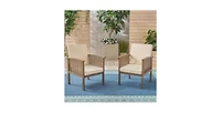 Flynama Outdoor Acacia Wood 4 Chair Set with Round Table, Grey & Cream