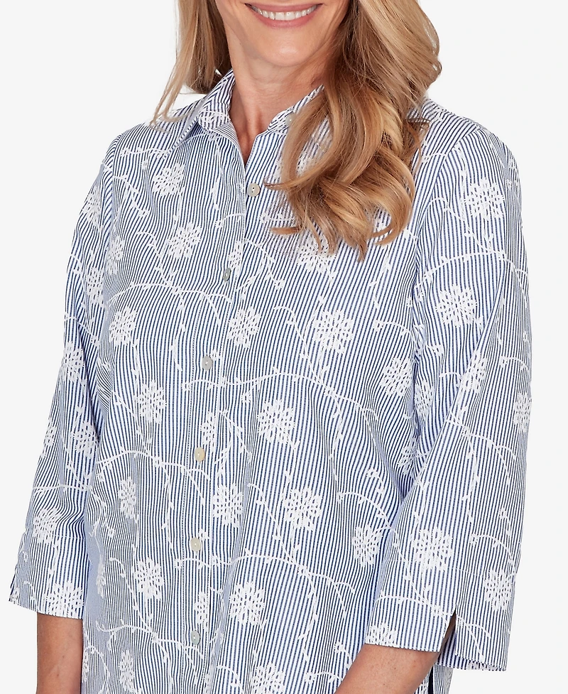 Alfred Dunner Petite Classics Puff Print Pinstripe Embroidered Collared Top