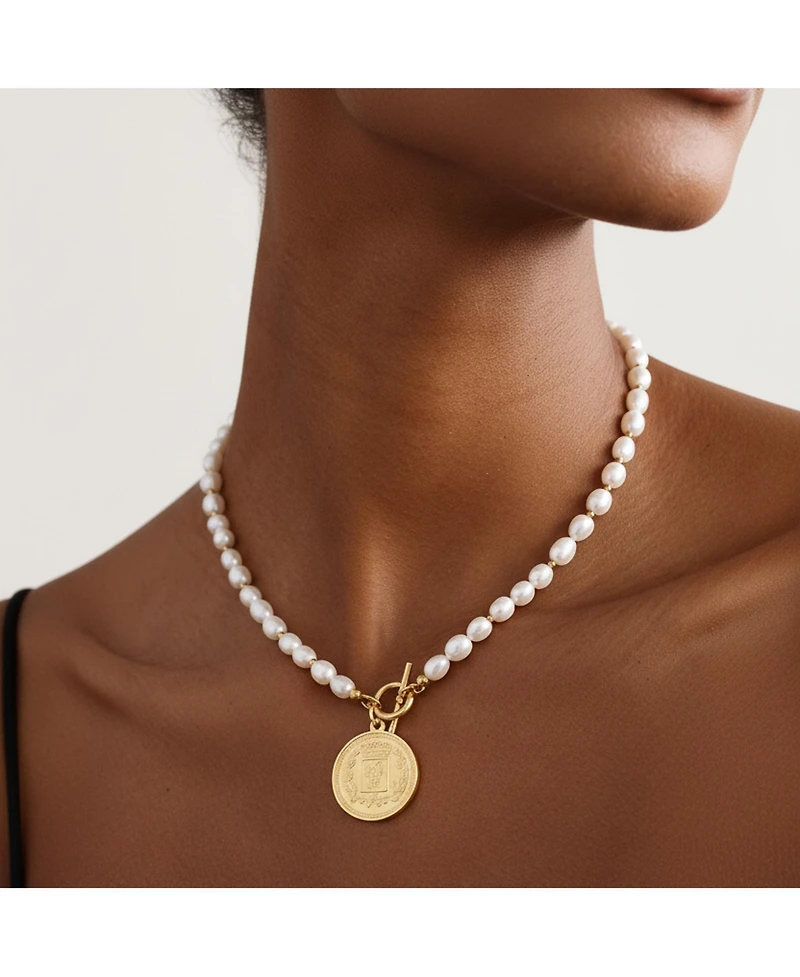 18K Gold Plated Freshwater Pearls with a Coin Pendant - Giorgia Pearl Necklace 17" For Women