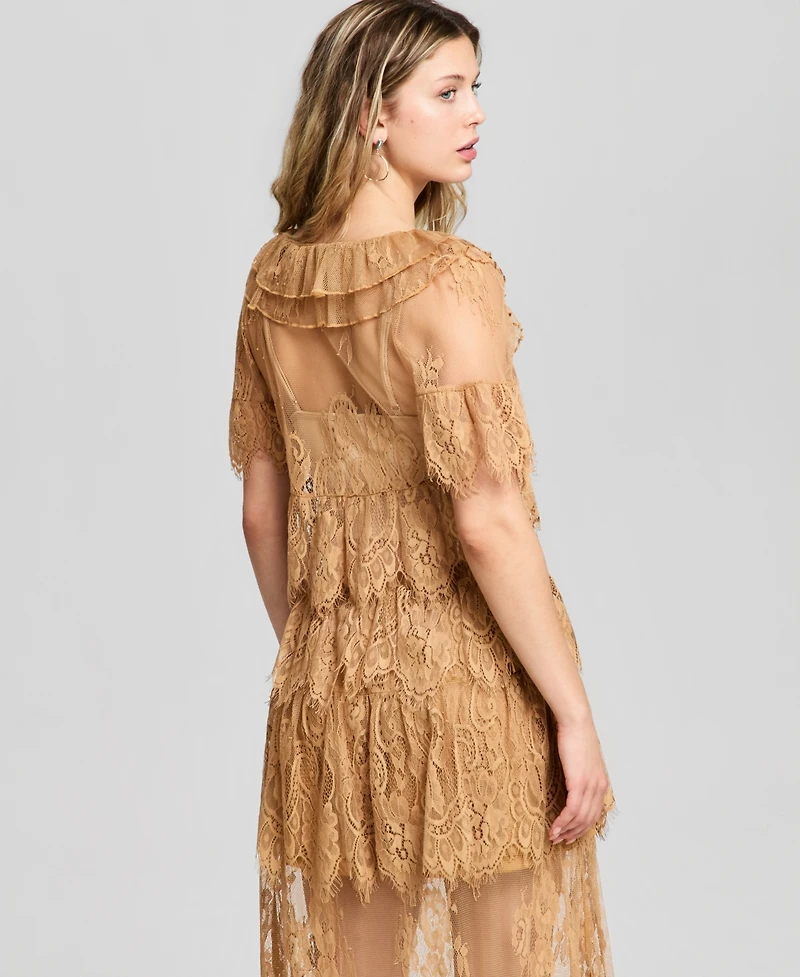 And Now This Women's Lace Short-Sleeve V-Neck Ruffle Woven Top, Macy's Exclusive