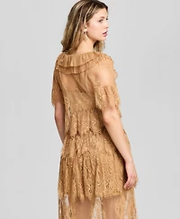 And Now This Women's Lace Short-Sleeve V-Neck Ruffle Woven Top, Macy's Exclusive