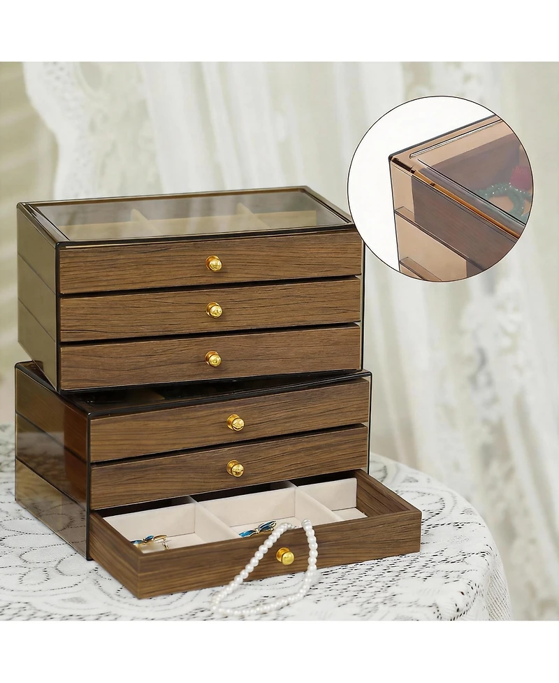 Yigii 3-Layer Acrylic & Wood Jewelry Organizer with Velvet Lining