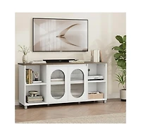 gaomon 70 Inch Tv Stand with Corrugated Glass Doors, Rustic Entertainment Center for Living Room