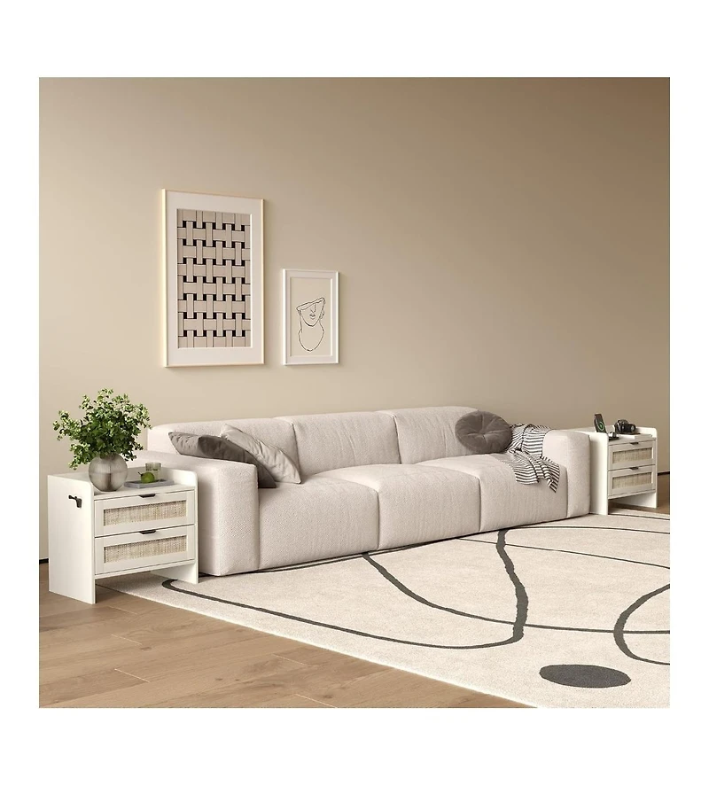 gaomon 1PC White Rattan Nightstand, 2-Drawer Bedside Table with Type-c Charging Station