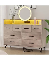 gaomon Dresser for Bedroom with Led Light & Charging Station, 8 Drawers Wooden Dressers Open Space, Modern Chest of Wide Living Room