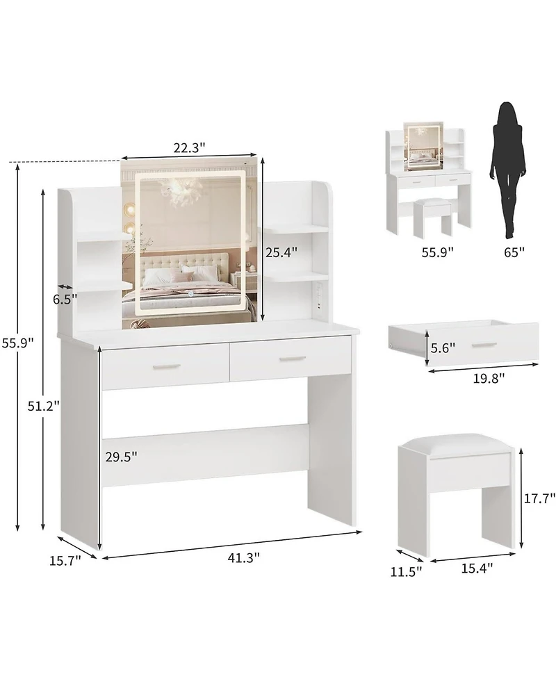 Gaomon White 2-Drawer Lighted Mirror Vanity, Clean-Lined Makeup Desk for Bedroom Interiors