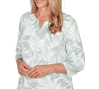 Alfred Dunner Petite Monotone Leaf Print Split Neck Top