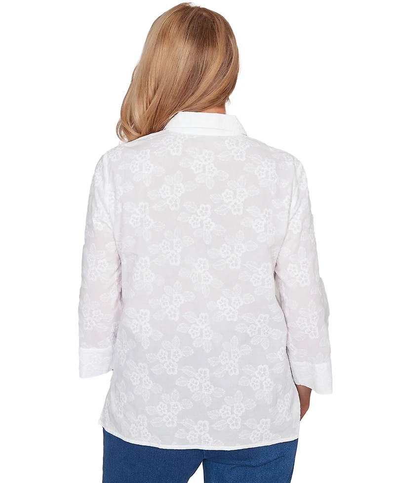 Alfred Dunner Petite Flower Embroidered Button-Down Top
