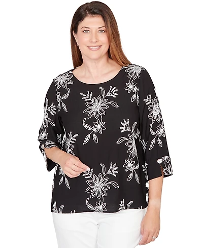 Alfred Dunner Petite Classics Tossed Floral Embroidered Crewneck Top