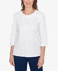 Alfred Dunner Petite Mykonos White Medallion Embroidered Top