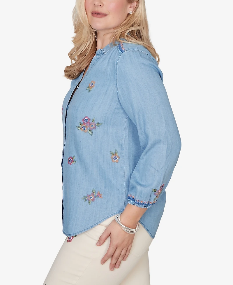 Alfred Dunner Petite Beachcomber Floral Embroidered Button Front Top