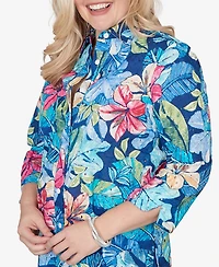 Alfred Dunner Petite The Royal Treatment Tropical Eyelet Button Down Top