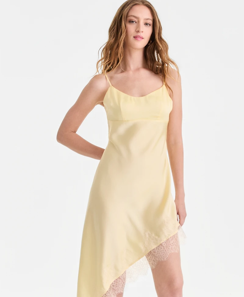 Bar Iii Women's Satin Lace-Trim Asymmetric-Hem Dress, Macy's Exclusive