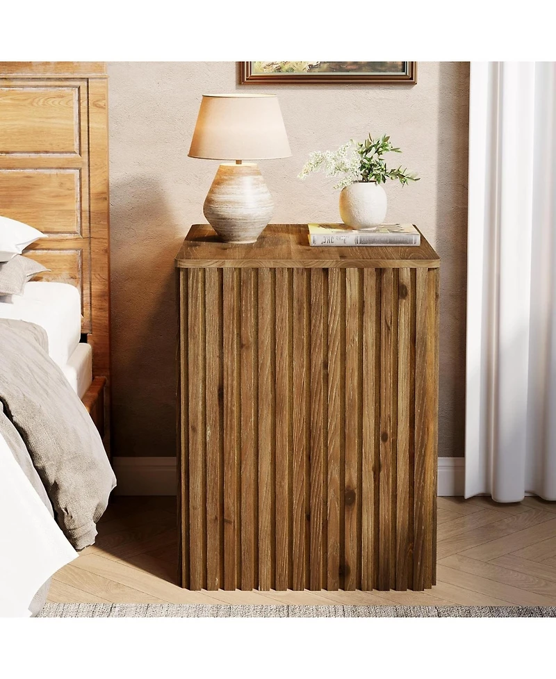 Tribesigns Solid Wood Square End Table with Storage, Fluted Side Table for Living Room, Mid-Century Modern Bedside Nightstand with Removable Lid