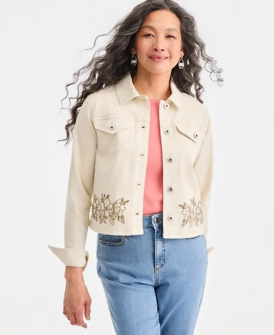 Style & Co Petite Cropped Embroidered Denim Collared Jacket, Macy's Exclusive