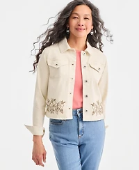 Style & Co Petite Cropped Embroidered Denim Collared Jacket, Macy's Exclusive