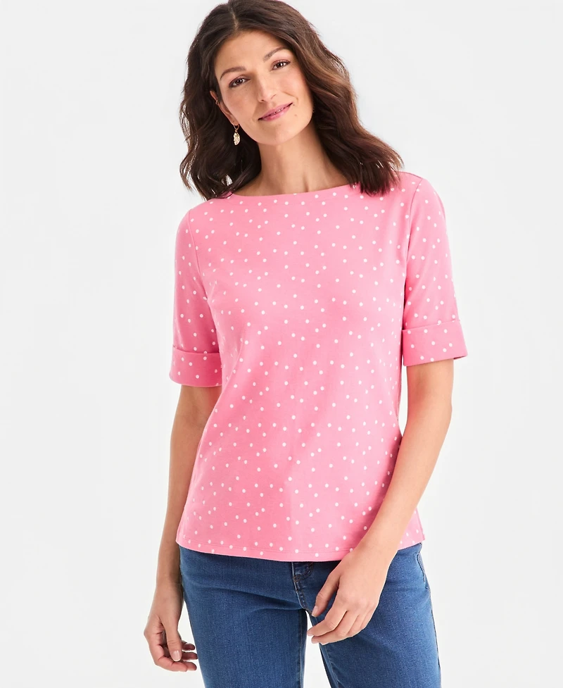 Style & Co Women's Printed Boat-Neck Elbow-Sleeve Top