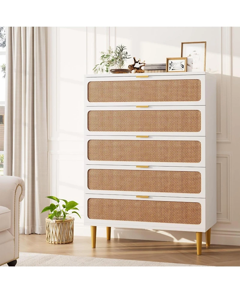 Gaomon Rattan 5-Drawer Tall Dresser, Large Storage Chest with Deep Drawers and Wide Top for Bedroom, Closet or Hallway