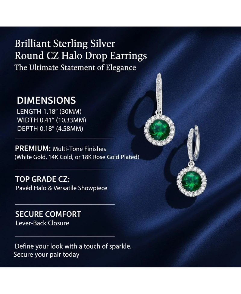 Sparkling Halo Circle Drop Earrings in Sterling Silver with Cubic Zirconia