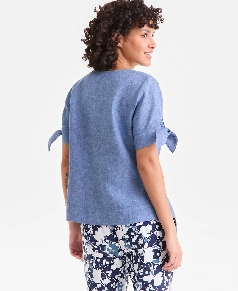 Charter Club Women's 100% Linen Split-Neck Tie-Cuff Top, Created for Macy's