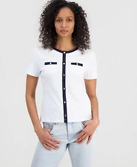 Nautica Women's Cotton Cardigan-Look Short-Sleeve Knit Top