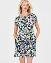 Connected Petite Floral-Print Pintuck Short-Sleeve Dress