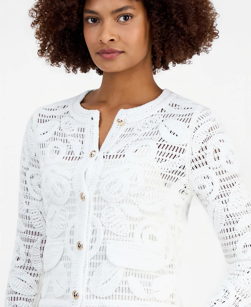 T Tahari Women's Embroidered Crochet Cardigan