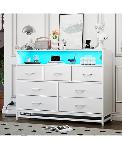 Gaomon 7-Drawer Dresser for Bedroom, Long Wooden Chest with Led Light, Wide Storage Cabinet Living Room, Hallway or Closet