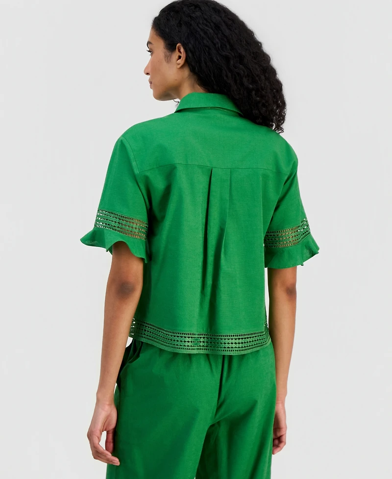 T Tahari Women's Open-Trim Ruffled-Cuff Blouse