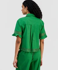 T Tahari Women's Open-Trim Ruffled-Cuff Blouse