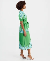 T Tahari Women's Belted Printed Button-Front Midi Dress