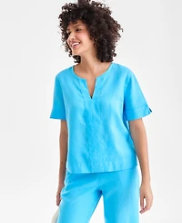 Charter Club Women's 100% Linen Split-Neck Top, Exclusively at Macy's