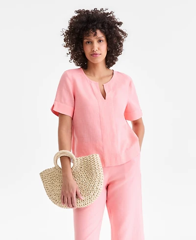 Charter Club Women's Split-Neck 100% Linen Top, Exclusively at Macy's