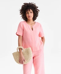 Charter Club Women's Split-Neck 100% Linen Top, Exclusively at Macy's