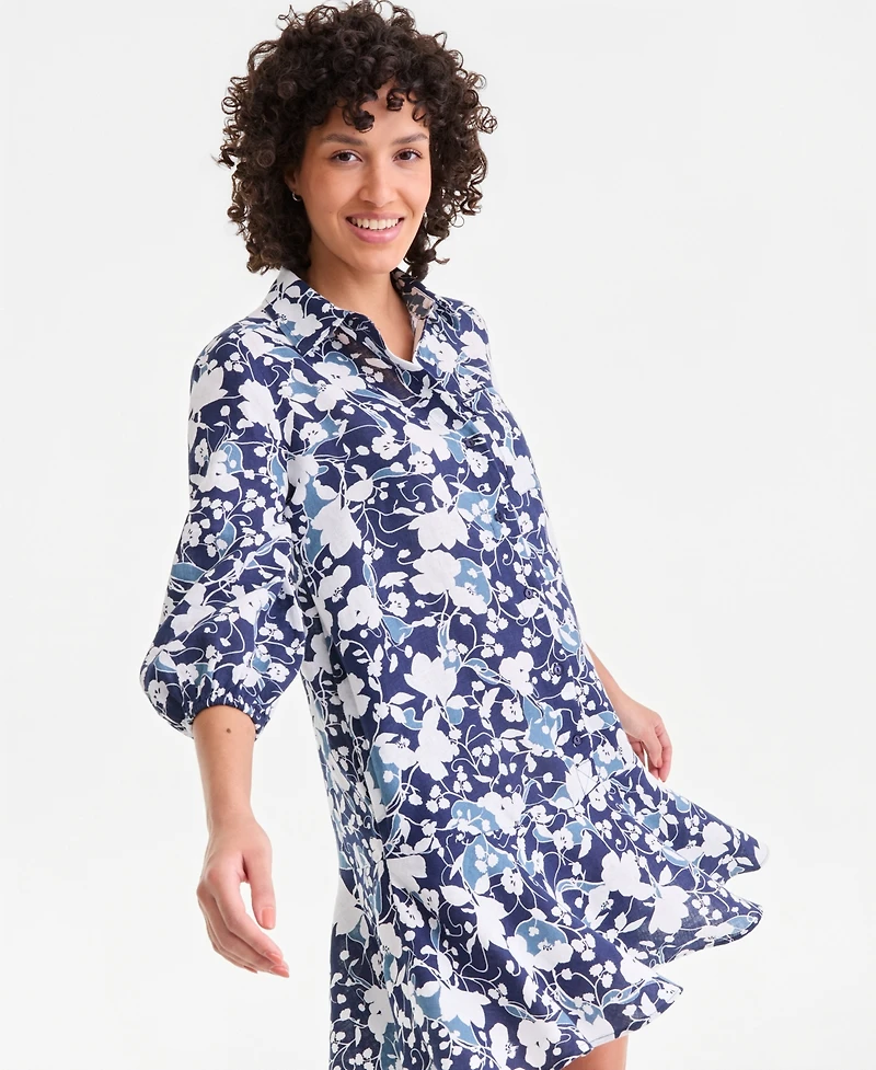 Charter Club Women's 100% Linen Print Button-Front 3/4-Sleeve Dress, Macy's Exclusive