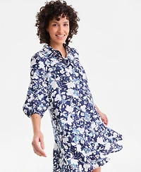Charter Club Women's 100% Linen Print Button-Front 3/4-Sleeve Dress, Macy's Exclusive