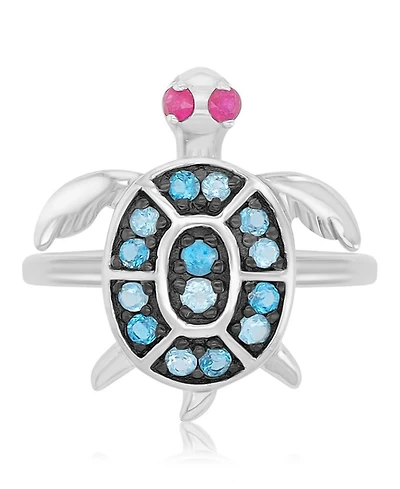 Macy's London Blue Topaz (0.58 ct. t.w.) & Ruby (0.1 ct. t.w.) Sea Turtle Ring in Rhodium Over Sterling Silver