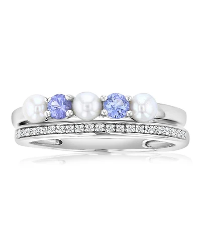 Macy's Diamond (0.069 ct. t.w.) Imitation Pearl & Tanzanite Stackable Band Ring Set in Rhodium Over Sterling Silver