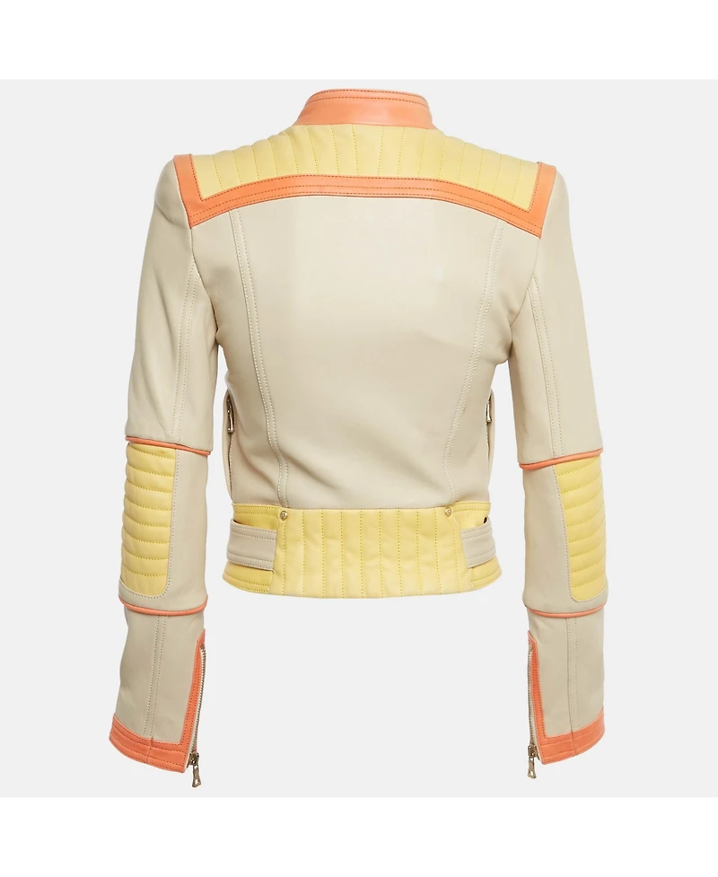 Pre-Owned Balmain Women's Beige Leather Zip Up Biker Jacket
