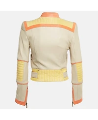 Pre-Owned Balmain Women's Beige Leather Zip Up Biker Jacket