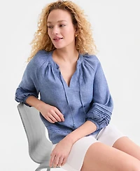 Charter Club Women's 100% Linen Crochet-Trim Tie-Neck Top, Macy's Exclusive