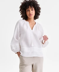 Charter Club Women's 100% Linen Crochet-Trim Tie-Neck Top, Macy's Exclusive