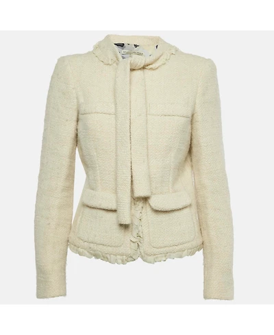 Pre-Owned Balenciaga Women's Cream Tweed Ruffled Tie-Up Neck Detail Jacket