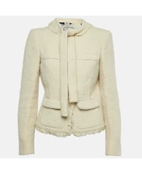 Pre-Owned Balenciaga Women's Cream Tweed Ruffled Tie-Up Neck Detail Jacket