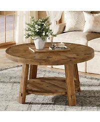 Tribesigns Solid Wood Coffee Table with Storage, 2-Tier Farmhouse Round Coffee Table for Living Room, Easy Assembly