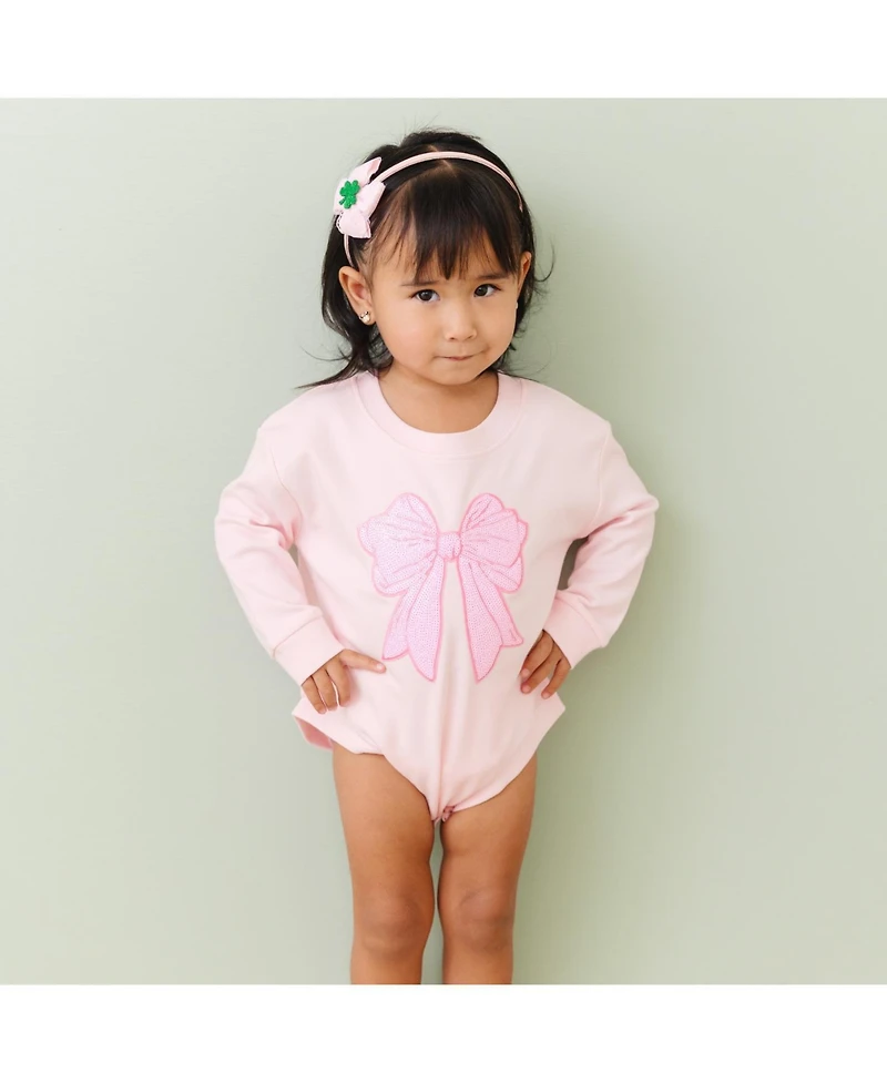 Sweet Wink Baby Girls Pink Bow Sequin Patch Long Sleeve Romper