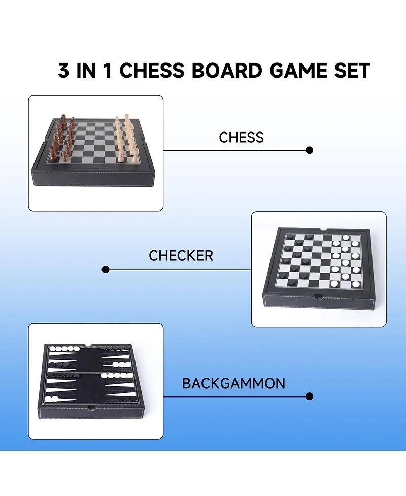 Gse Games & Sports Expert 12.5" Premium Leather 3-in-1 Chess, Checker and Backgammon Board Game Combo Set for Kids & Adults
