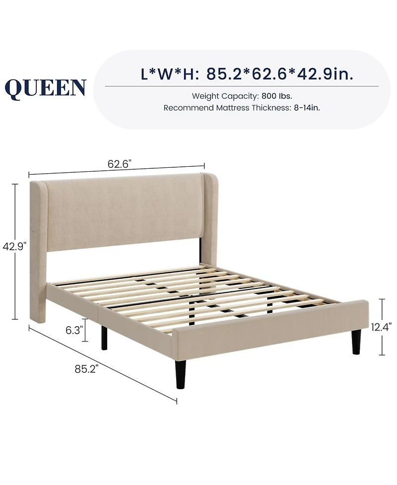 gaomon Queen Bed Frame with Headboard, Upholstered Platform Bed with Wood Slat Support, Sturdy Support Feet, Noise Free, No Box Spring Required