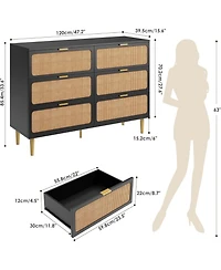 gaomon Rattan 6 Drawer Tv Stand, Large Wooden Media Console with Wide Storage Top, Entertainment Center for Living Room, Hallway, Kids Room