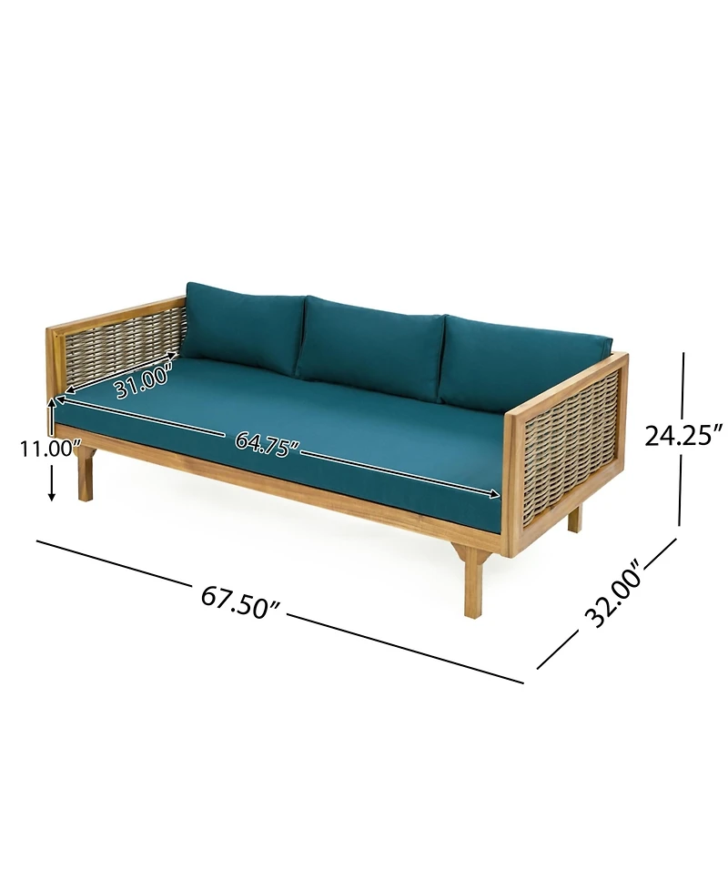 Flynama Weather Resistant Wicker Patio Conversation Set with Acacia Wood Coffee Table Water Resistant Thick Dark Teal Cushions for Garden Patio Deck